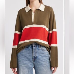NEW THE GREAT Rugby Stripe Polo Sweater in Army With Red Hot Stripes 0/ XS